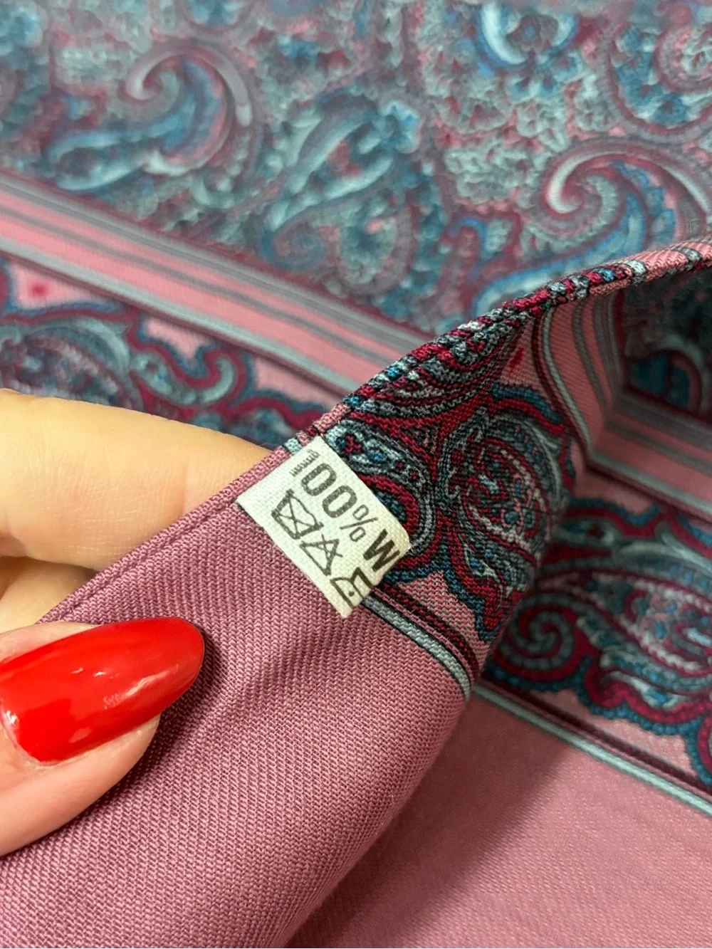 Vintage Wool Paisley Scarf Dusty Rose Blue Gray Fringe Wrap 100% Wool
